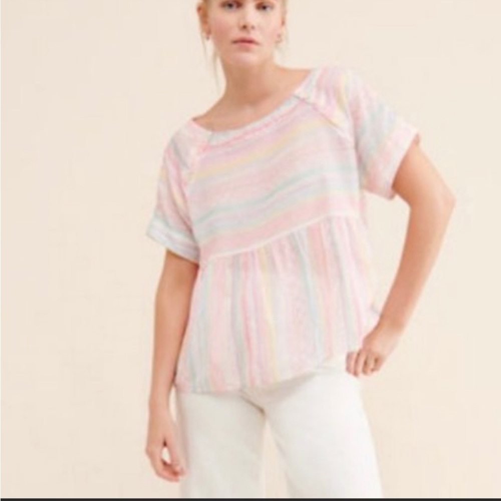 NWOT | Anthropologie White Neon Embroidered Rainbow Letty Babydoll Top